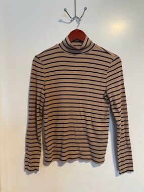 LOFT Striped Turtleneck Long Sleeve Top - Beige & Black